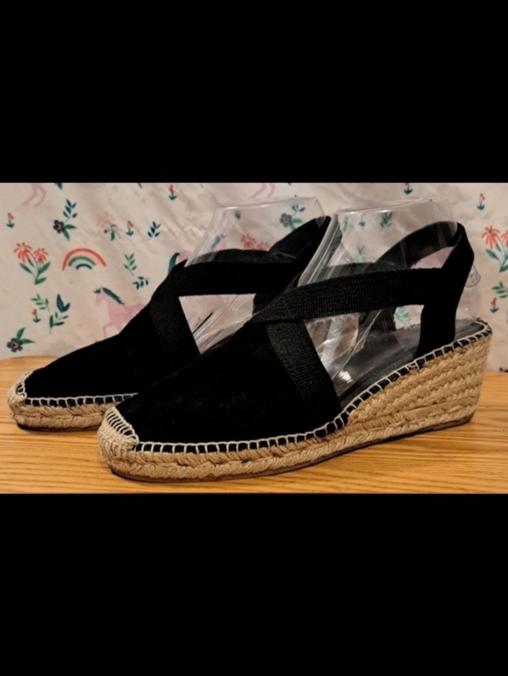 EUC Toni Pons Tona Black Suede & Tan Jute Casual Boho Wedge Sandal Shoe SZ 7.5